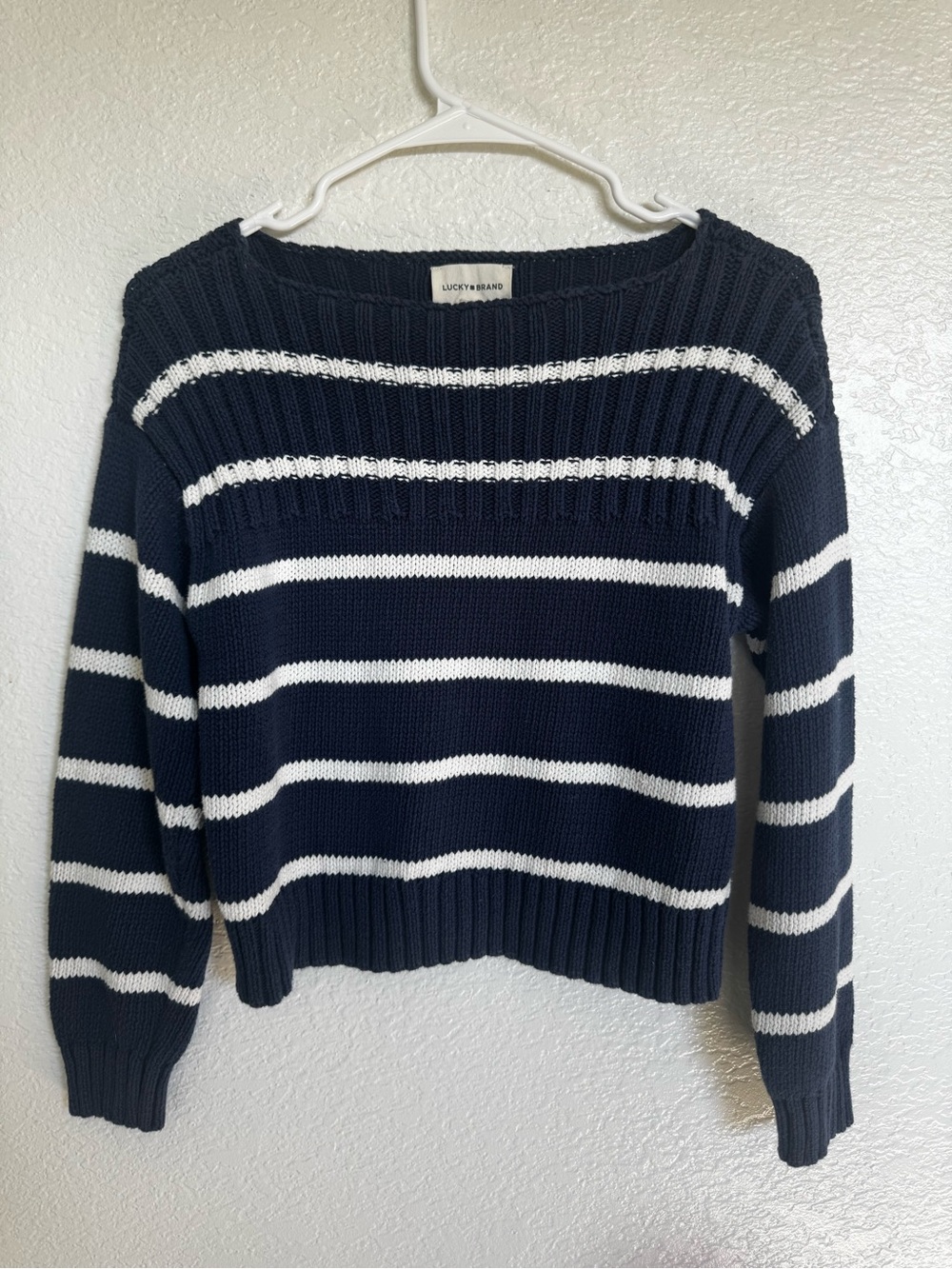 Lucky Brand Navy and White Striped Crewneck Sweater XS